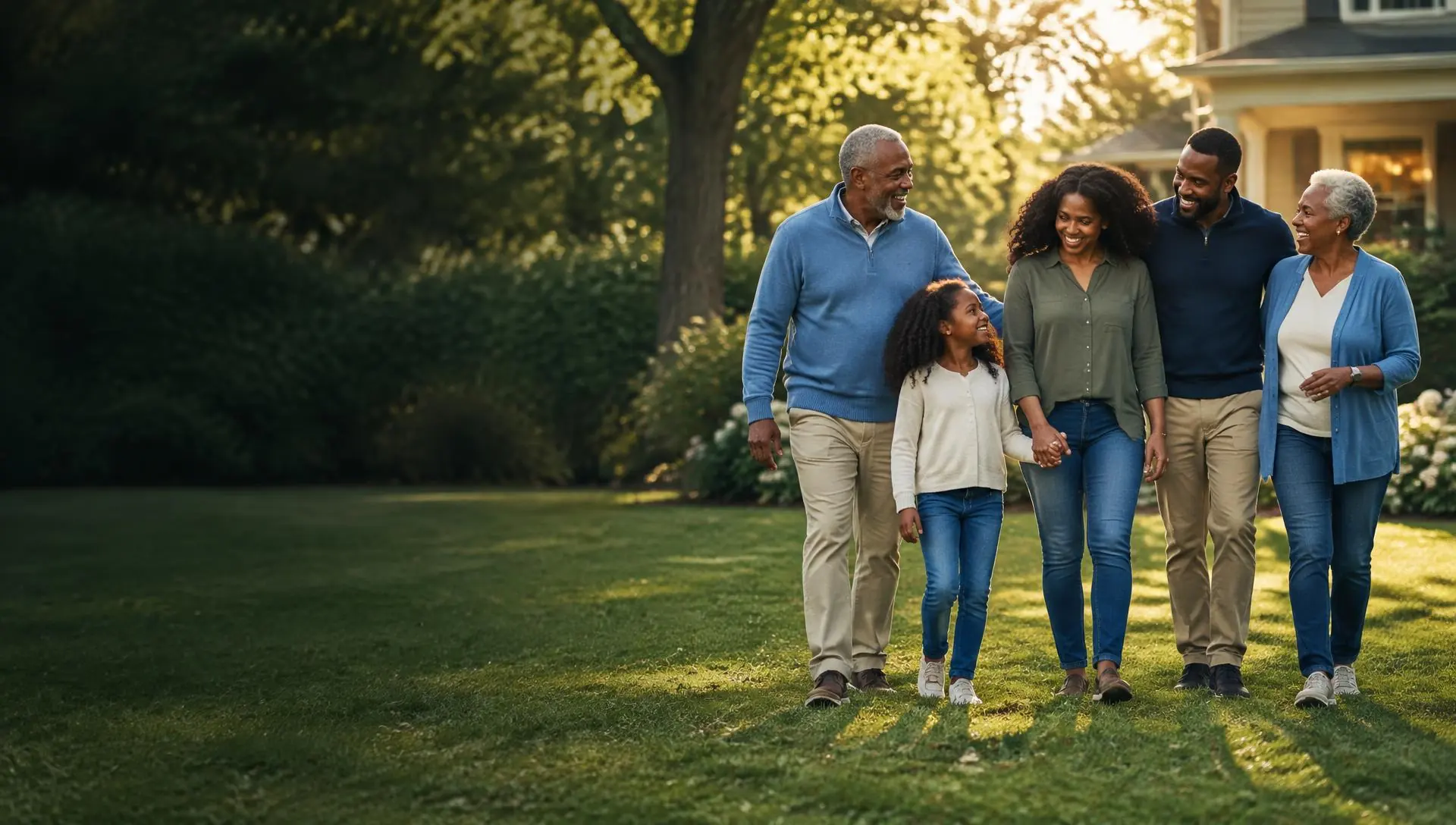 A multigenerational family walking together near their home