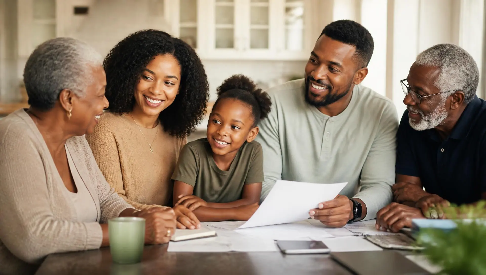 A multigenerational family discussing plans together at home