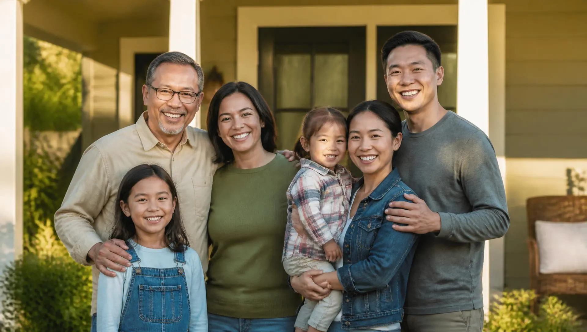A multigenerational family together outside their home